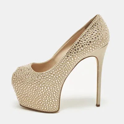 Pre-owned Giuseppe Zanotti Size 38.5 Beige Suede Crystal Embellished Liza Peep Toe Pumps In Sand