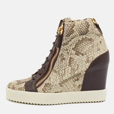 Pre-owned Giuseppe Zanotti Size 38.5 Metallic/brown Python Embossed And Leather Wedge Sneakers In Silver