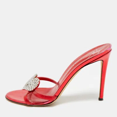 Pre-owned Giuseppe Zanotti Size 38.5 Red Leather Crystals Heart Embellished Slide Sandals