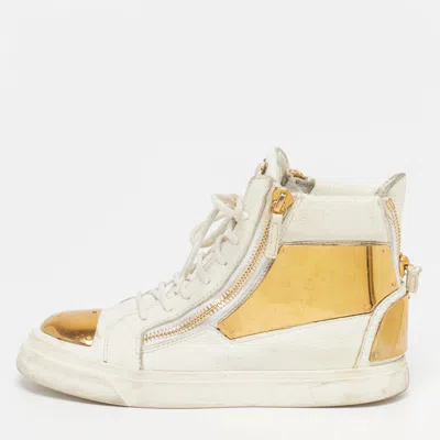 Pre-owned Giuseppe Zanotti Size 38.5 White Leather Metal Embellished Double Zip High Top Sneakers