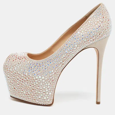 Pre-owned Giuseppe Zanotti Size 39 Beige Suede Crystal Embellished Platform Pumps In Sand