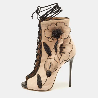 Pre-owned Giuseppe Zanotti Size 39 Beige/black Suede Lace Up Ankle Length Boots