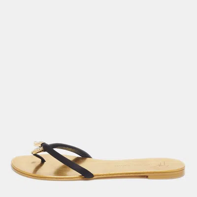 Pre-owned Giuseppe Zanotti Size 39 Black Satin Thong Flat Slides