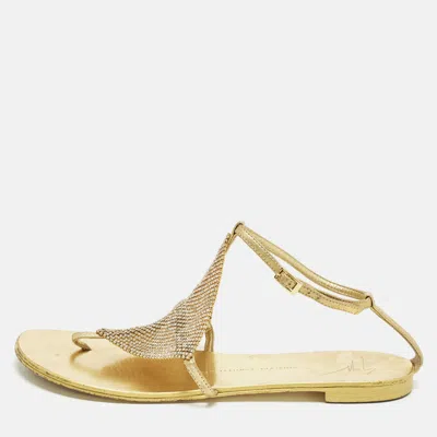 Pre-owned Giuseppe Zanotti Size 39 Gold Crystals And Leather Thong Ankle Strap Flats