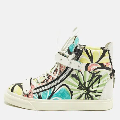 Pre-owned Giuseppe Zanotti Size 39 Multicolor Flower Painted Leather Lace Up Sneakers