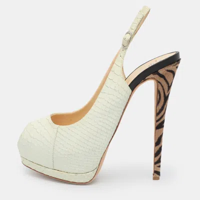 Pre-owned Giuseppe Zanotti Size 39.5 White Python Embossed Leather Peep Toe Platform Slingback Sandals