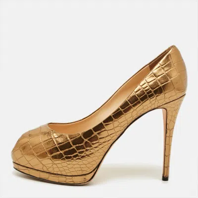 Pre-owned Giuseppe Zanotti Size 40 Gold Croc Embossed Leather Peep Toe Platform Pumps