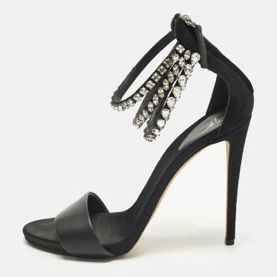 Pre-owned Giuseppe Zanotti Size 40 Satin And Leather Embellished Ankle Strap Sandals In Black