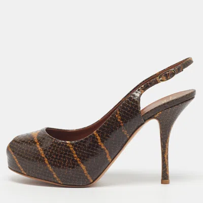 Pre-owned Giuseppe Zanotti Size 41 Brown Python Embossed Leather Platform Peep Toe Slingback Pumps