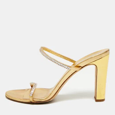 Pre-owned Giuseppe Zanotti Size 41 Gold Leather Crystal Embellished Slide Sandals