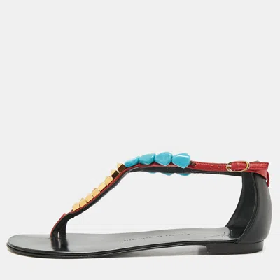 Pre-owned Giuseppe Zanotti Size 41 Red Beads And Leather Flat Sandals