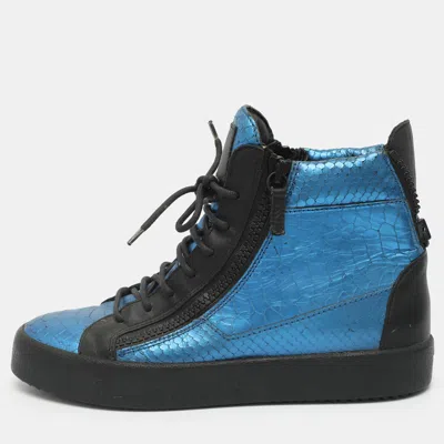 Pre-owned Giuseppe Zanotti Size 41.5 Metallic Blue/black Python Embossed Leather High Top Sneakers