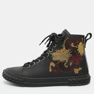 Pre-owned Giuseppe Zanotti Size 42 Black Dragon Embroidered Leather Ankle Length Boots
