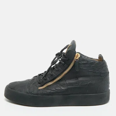 Pre-owned Giuseppe Zanotti Size 45 Black Croc Embossed Leather High Top Sneakers