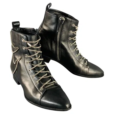 Pre-owned Giuseppe Zanotti Size 5 Black Leather Chain Side Zipper Ankle Boots