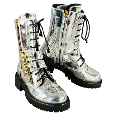 Pre-owned Giuseppe Zanotti Size 6 Metallic Silver Leather Belted Side Zipper Boots