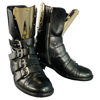 Pre-owned Giuseppe Zanotti Size 7 Black Gold Leather Metal Buckles Lace-up Zipper Boots
