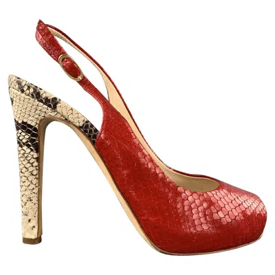 Pre-owned Giuseppe Zanotti Size 8 Red & Beige Snake Skin Slingback Peep Toe Pumps