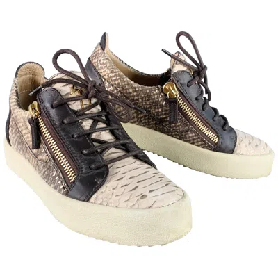 Pre-owned Giuseppe Zanotti Size 9 Beige Brown Leather Textured Double Side Zipper Sneakers