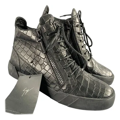 Pre-owned Giuseppe Zanotti Size 9 Black Croc Embossed Leather High Top Sneakers