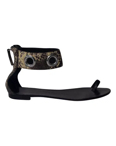 Giuseppe Zanotti Snakeskin Print Ankle Strap Flat Sandals In Black Leather In Multi