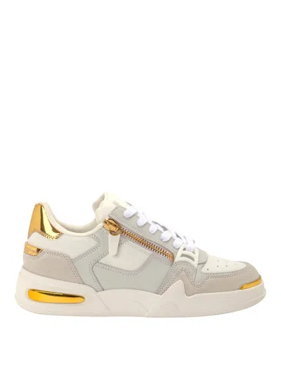 Giuseppe Zanotti Round Toe Leather Sneakers Featuring Gold Accents In White