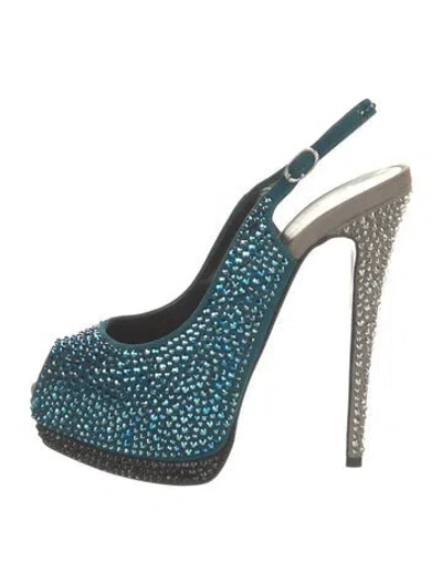 Pre-owned Giuseppe Zanotti Suede Crystal Embellishments Slingback Pumps In Blue