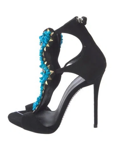 Pre-owned Giuseppe Zanotti Suede Crystal Embellishments T-strap Sandals In Black