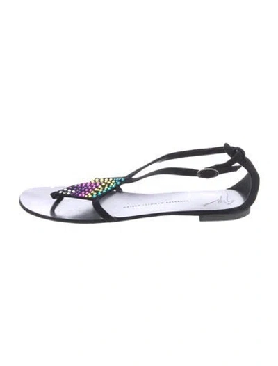 Pre-owned Giuseppe Zanotti Suede Patterned T-strap Sandals In Black
