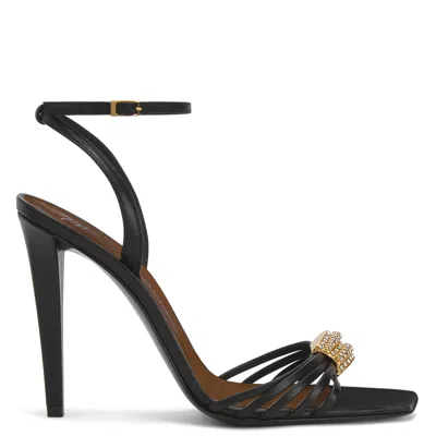Giuseppe Zanotti Sunset Glow Rhinestone Brooch Strappy Leather Sandals In Black