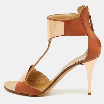 Giuseppe Zanotti Tan Leather Metal Detail T-strap Sandals In Brown