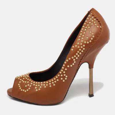 Pre-owned Giuseppe Zanotti Tan Studded Leather Peep-toe Pumps Size 37.5
