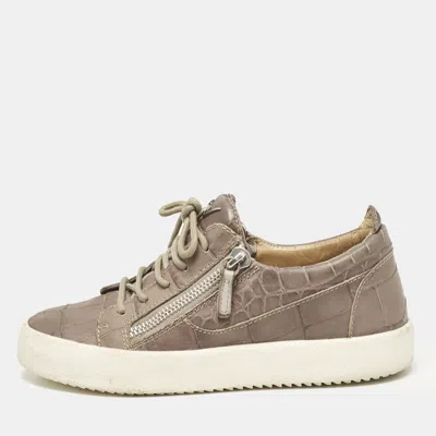 Pre-owned Giuseppe Zanotti Taupe Grey Croc Embossed Leather Frankie Low Top Sneakers Size 39
