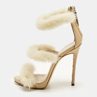 Pre-owned Giuseppe Zanotti Three Strap Size 36.5 Beige Croc Embossed Leather And Mink Fur Ankle Strap Sandals