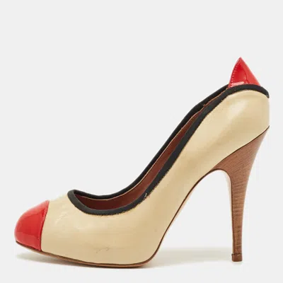 Pre-owned Giuseppe Zanotti Tricolor Leather And Patent Leather Cap Toe Pumps Size 38 In Sand