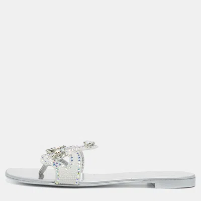 Pre-owned Giuseppe Zanotti Turchesite Size 37 White Suede Crystal Embellished Flat Slide Sandals