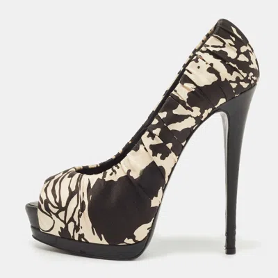 Pre-owned Giuseppe Zanotti Two Tone Printed Satin Peep Toe Platform Pumps Size 39 In Black