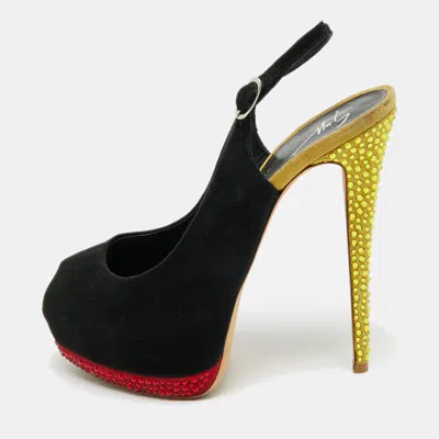 Giuseppe Zanotti Two Tone Suede Crystal Embellished Peep Toe Slingback Pumps In Black
