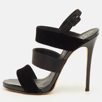 Pre-owned Giuseppe Zanotti Veronica Size 38.5 Black Satin And Velvet Strappy Slingback Sandals