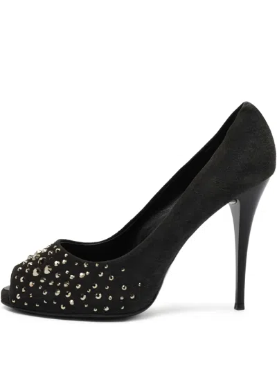 Pre-owned Giuseppe Zanotti Vintage 110mm Studded Peep-toe Heels In Black