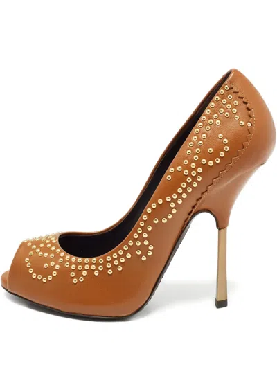 Pre-owned Giuseppe Zanotti Vintage 115mm Peep-toe Embellished Pumps In Brown