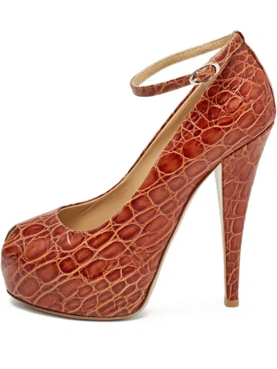 Pre-owned Giuseppe Zanotti Vintage 140mm Crocodile-effect Pumps In Brown