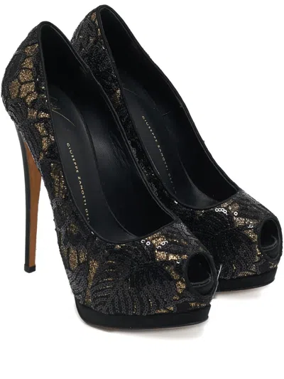 Pre-owned Giuseppe Zanotti Vintage 150mm Sequins Lace Pumps In Black