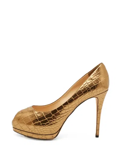 Pre-owned Giuseppe Zanotti Vintage Croc-embossed Peep-toe Pumps In Gold