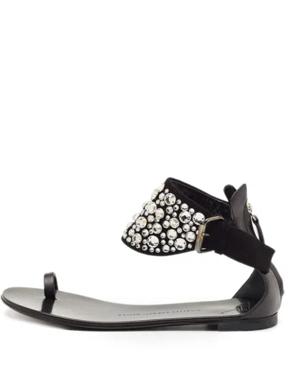 Pre-owned Giuseppe Zanotti Vintage Crystal-embellished Flat Sandals In Black