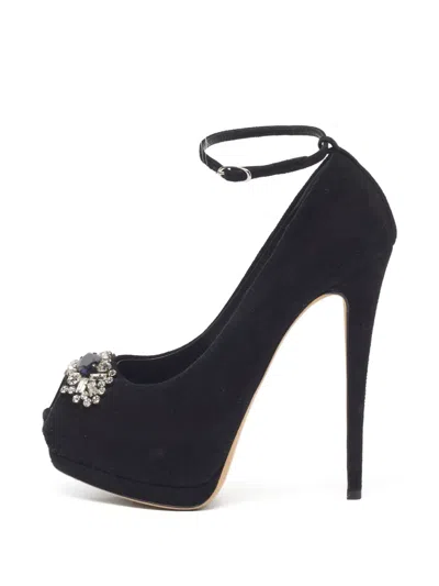 Pre-owned Giuseppe Zanotti Vintage Crystal-embellished Peep-toe Platform Pumps In Black