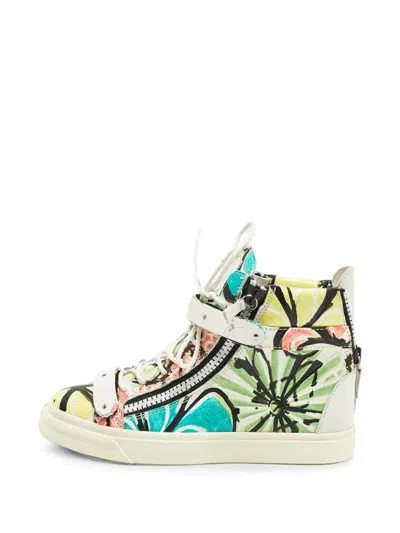 Pre-owned Giuseppe Zanotti Vintage Floral-painted Leather Sneakers In Yellow