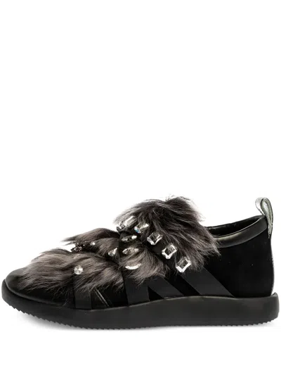 Pre-owned Giuseppe Zanotti Vintage Fur Crystal Sneakers In Black