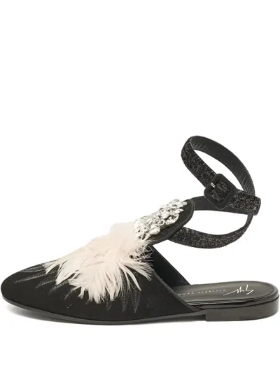 Pre-owned Giuseppe Zanotti Vintage Gioia Feather-embellished Flat Mules In Black