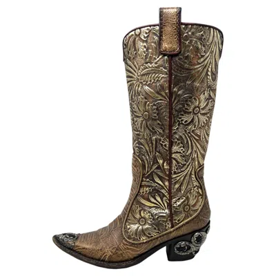 Pre-owned Giuseppe Zanotti Vintage  Brown Leather Western Boots Sculptural Gold Heels 6